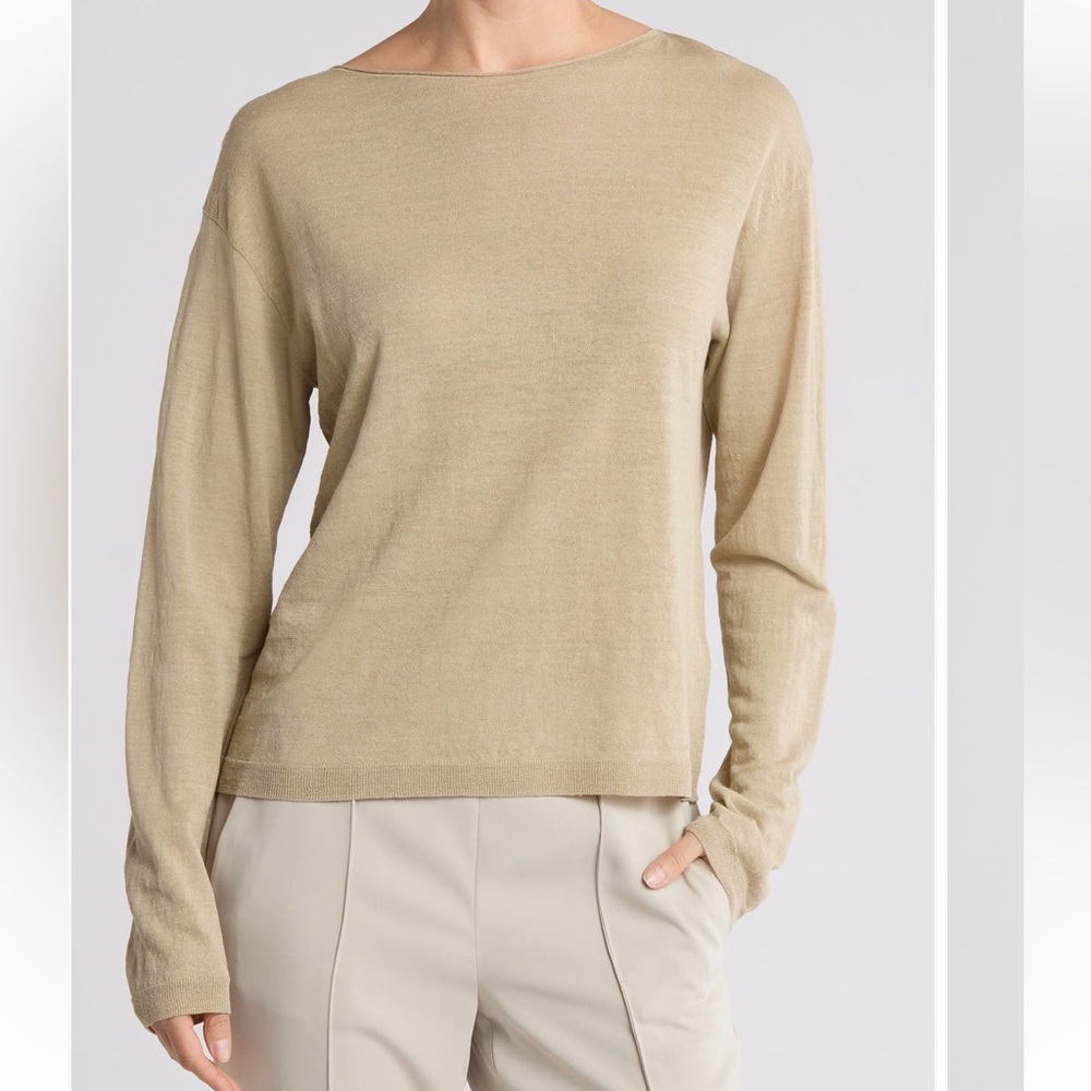 Vince NWT Taupe Linen Blend Dropped Shoulder Long Sleeve Boat Neck Knit Sweater - Picture 3 of 11